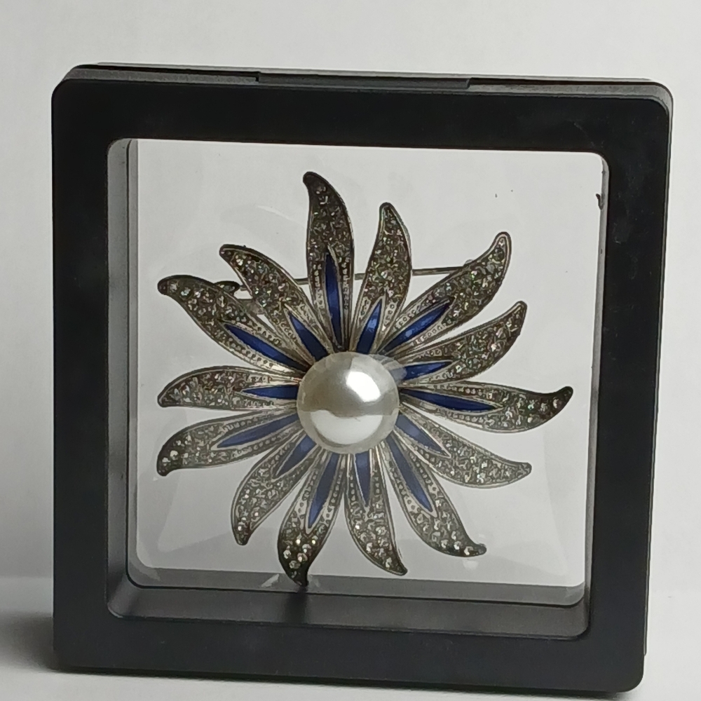 Pearl Center Blue and Silver Crystal Flower Brooch - Women Jewelry
